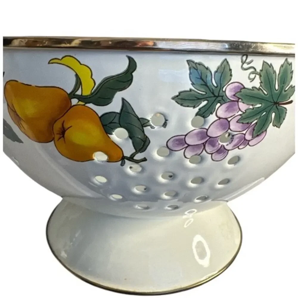 Vintage Porcelain Enamel Lined Fruit Print Colander by Tabletops Unlimited